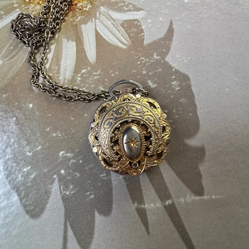 Vintage Lucerne Swiss Made Antimagnetic Pendant Watch Gold Tone Filigree Chain